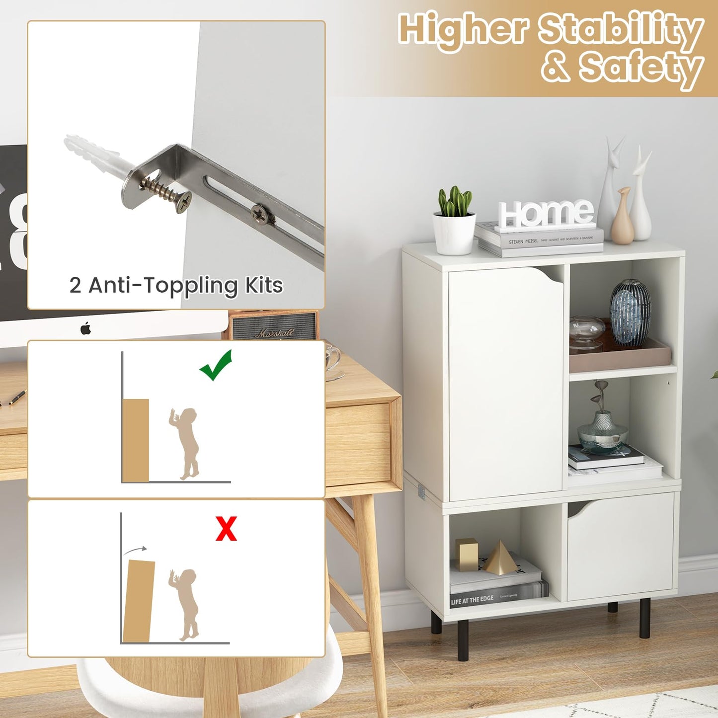 Stackable Bookcase with Adjustable Shelf and Cubes for Living Room Bedroom