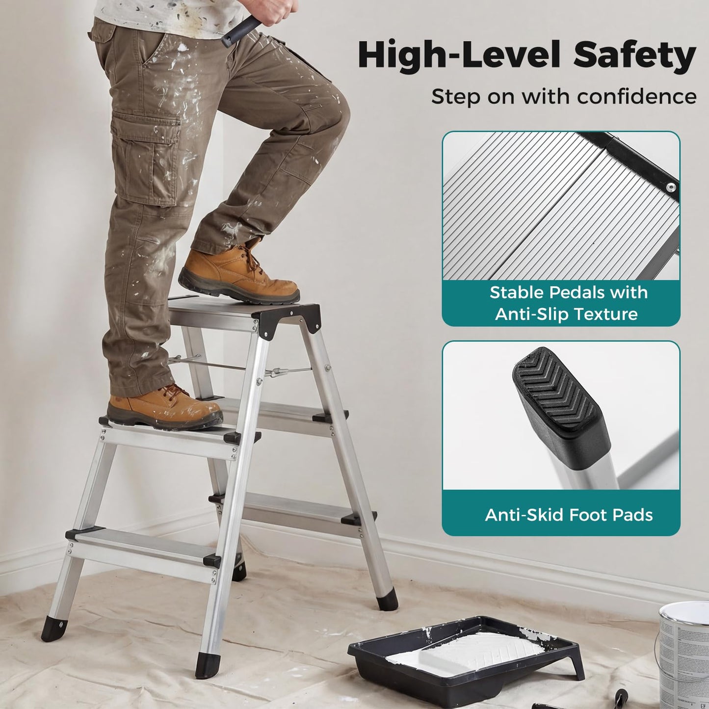 Dual-Sided 3 Step Ladder, Aluminum Folding Step Stool