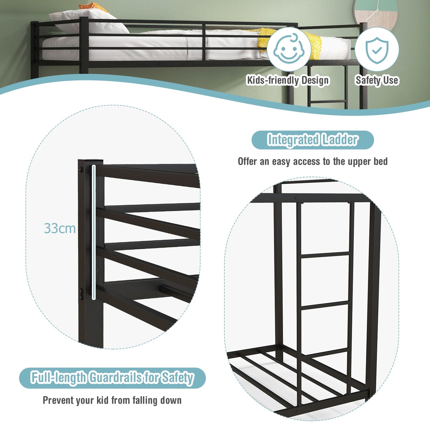 Metal Bunk Bed, Single over Single Loft Bed Frame with Ladder and Safety Guardrail
