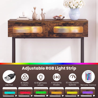 2-Tier Farmhouse Console Table with Colorful LED Lights and Open Shelf