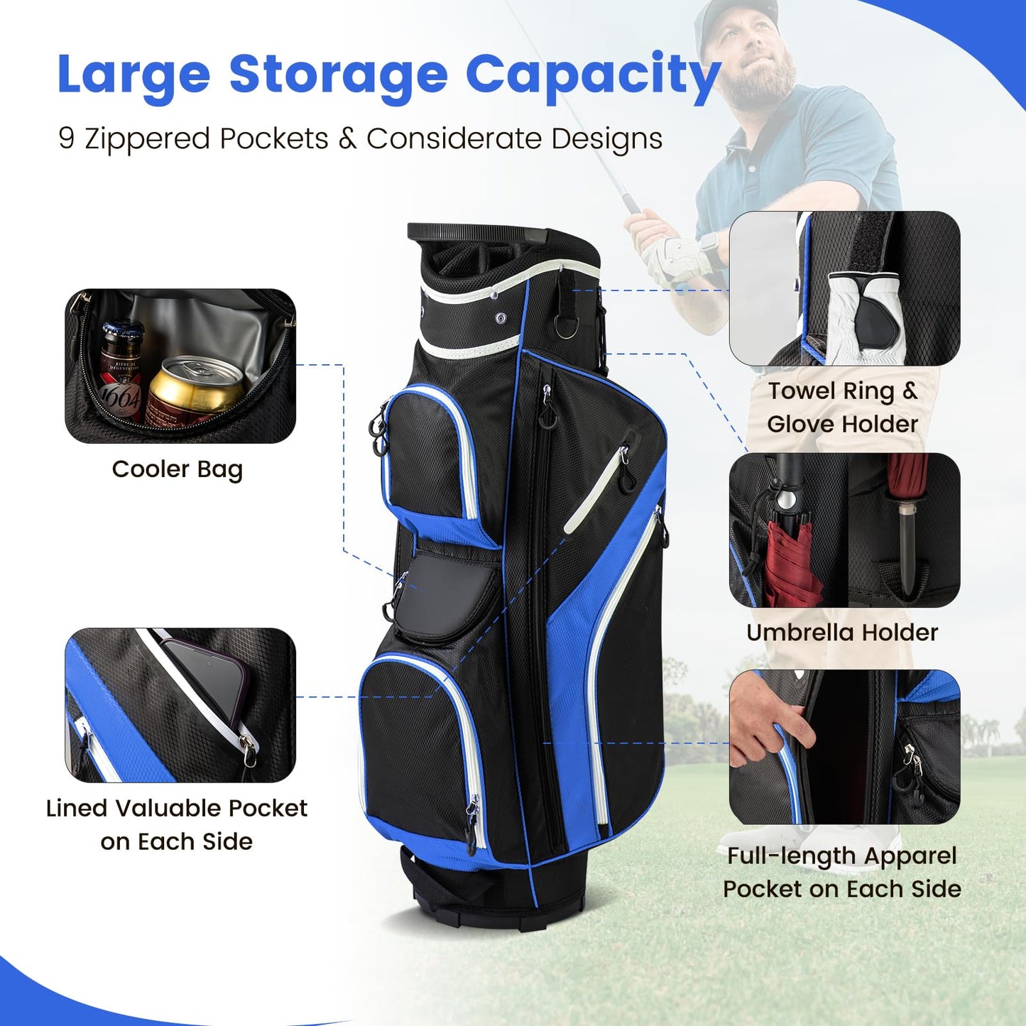 Golf Cart Bag, Golf Trolley Bag with 14 Way Dividers, Cooler Bag