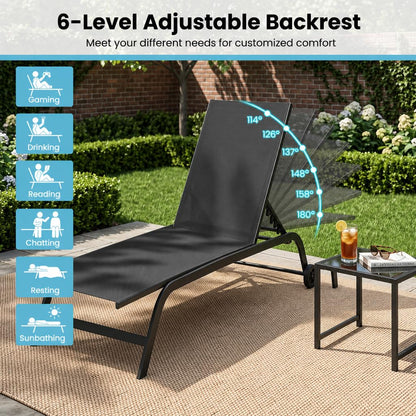 Garden Sun Lounger with Side Table, 6-Level Patio Recliner