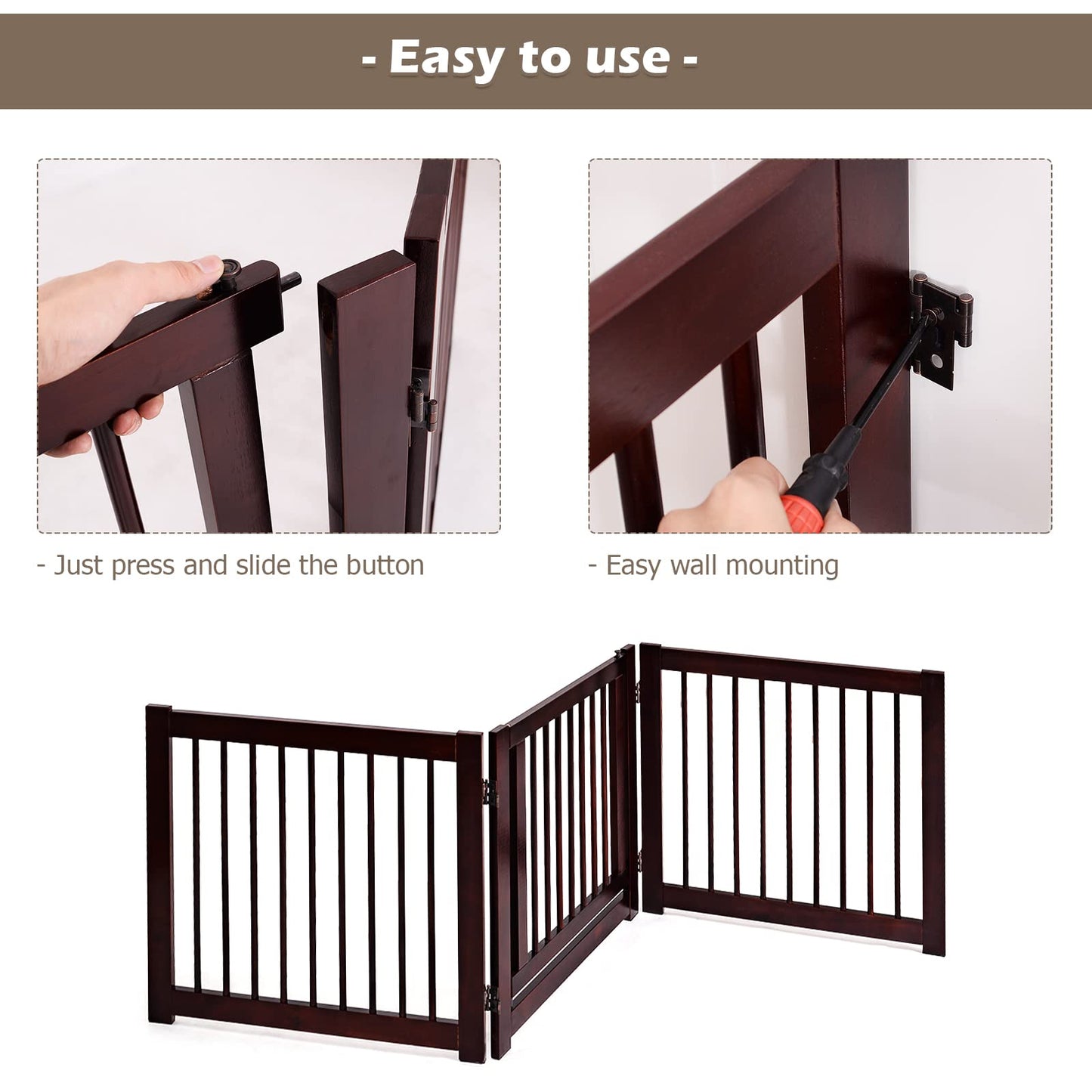 Freestanding Foldable Wooden Pet Gate with 360°Hinges and Lockable Door