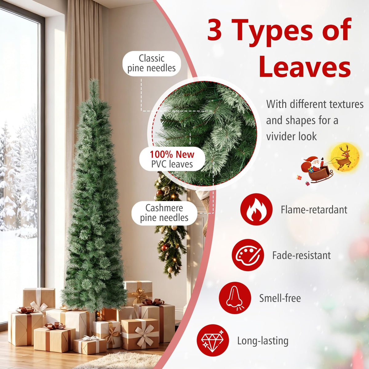 6/7 FT Pre-Lit Pencil Artificial Christmas Tree, Slim Xmas Tree with Branch Tips and LED Lights