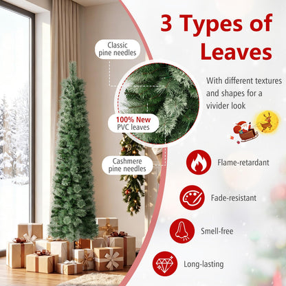 6/7 FT Pre-Lit Pencil Artificial Christmas Tree, Slim Xmas Tree with Branch Tips and LED Lights