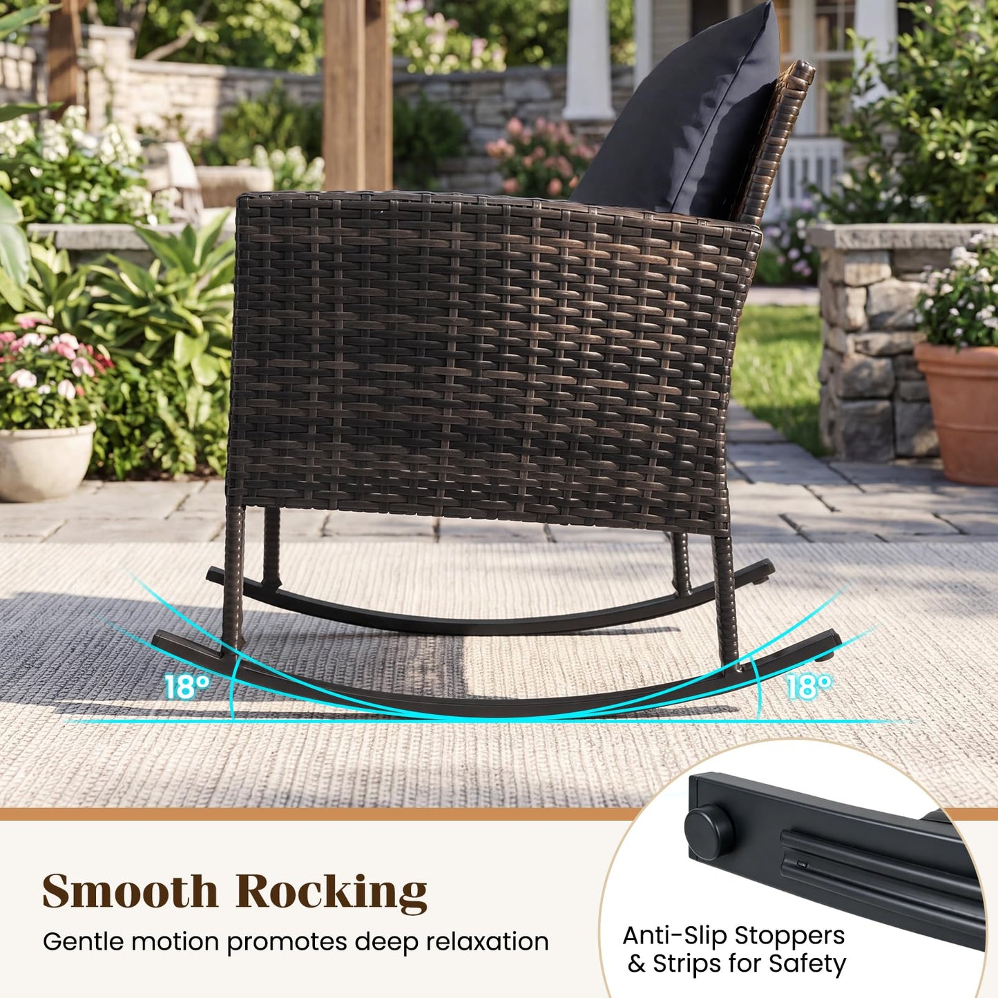 3 PCS Garden Rocking Bistro Set, PE Rattan Furniture Set with Coffee Table