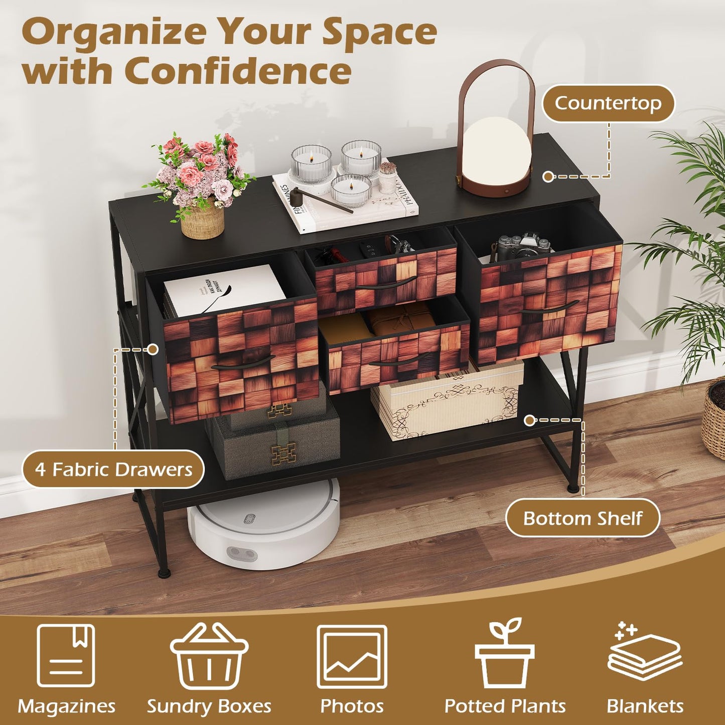 Console Table with 4 Fabric Drawers Shelf and Metal Frame