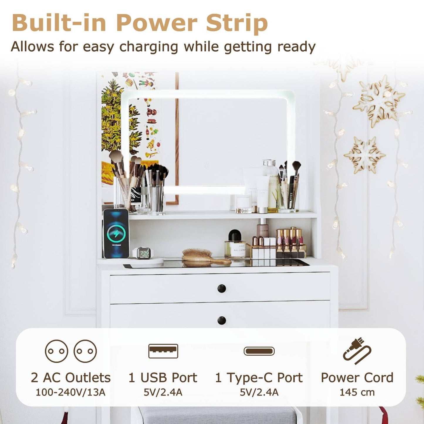 Vanity Desk with Power Outlets and 3 Color Lighting Modes for Bedroom