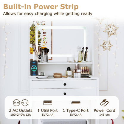 Vanity Desk with Power Outlets and 3 Color Lighting Modes for Bedroom