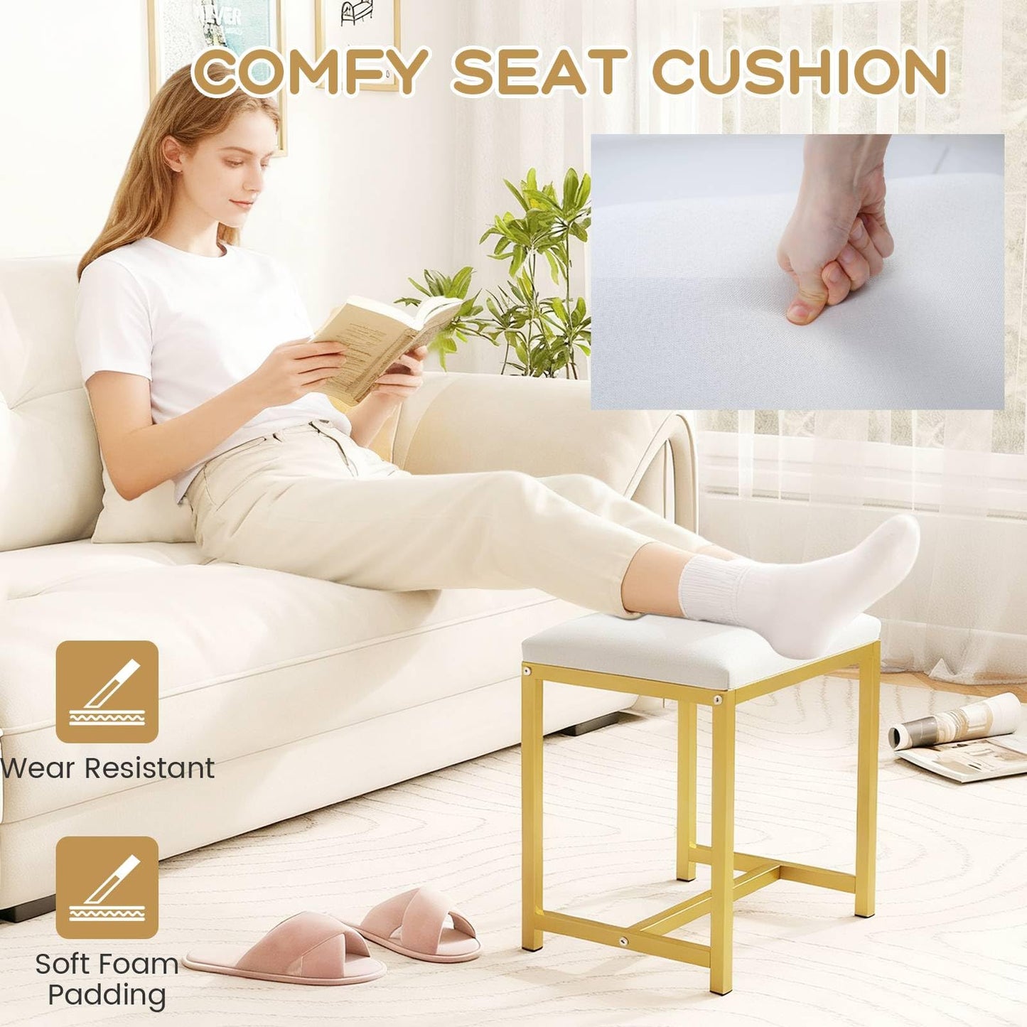 Small Makeup Chair with Soft Padded Cushion and Golden Metal Legs