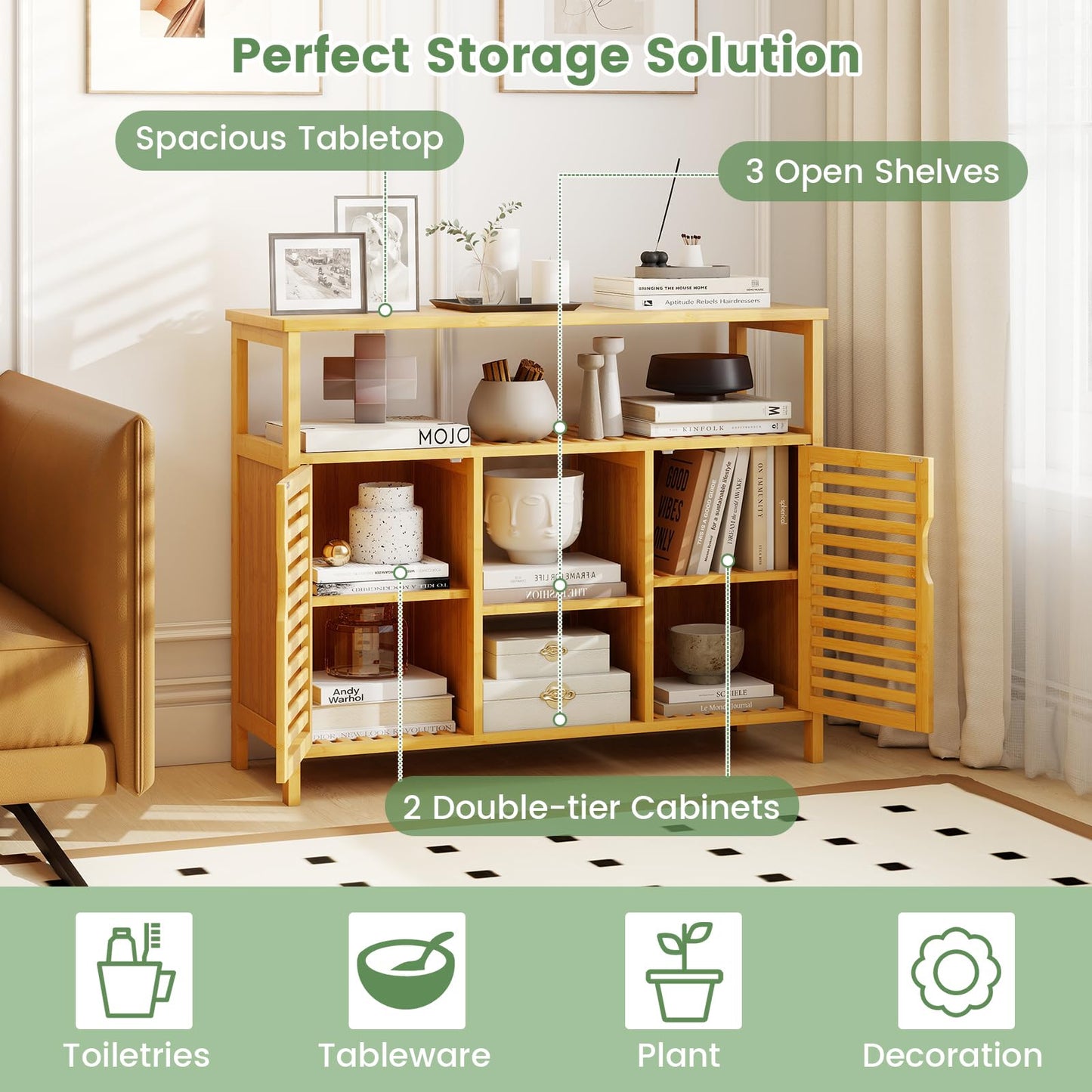 Bamboo Bathroom Cabinet 2-Door Storage Organizer with Shelves