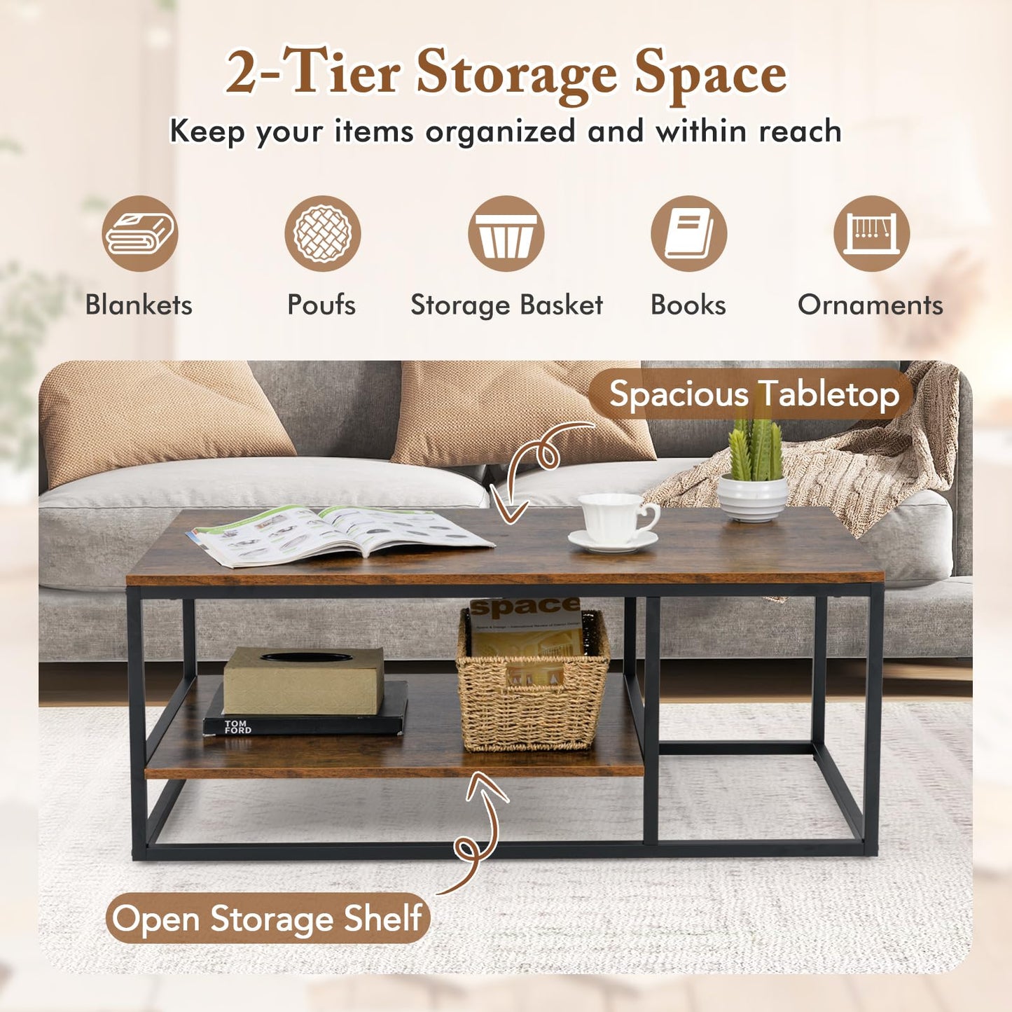 2-Tier 105 cm Industrial Wood Accent Coffee Center Table