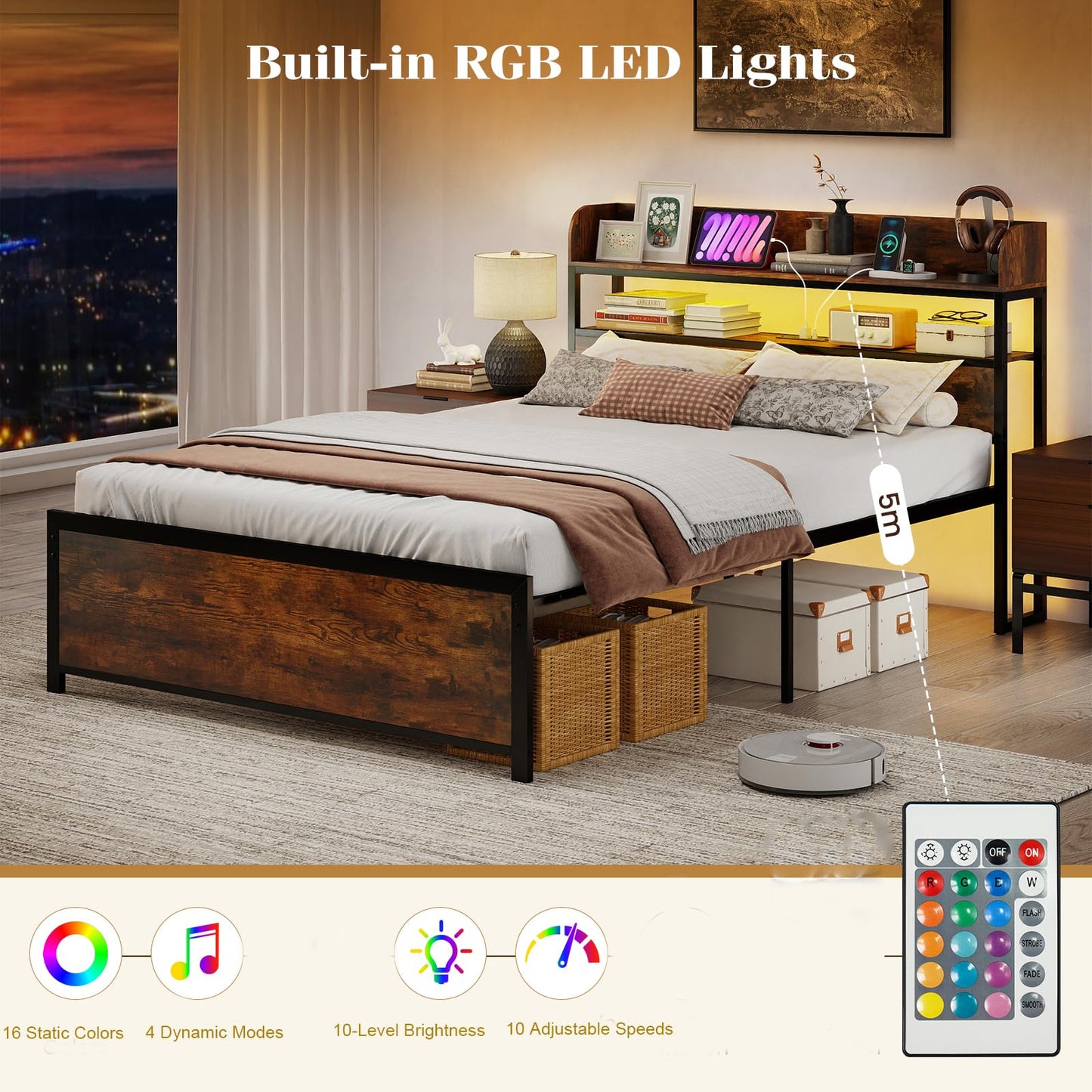 Double Bed Frame with LED Lights and Power Outlets with Storage Headboard
