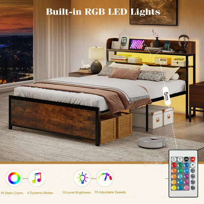Double Bed Frame with LED Lights and Power Outlets with Storage Headboard