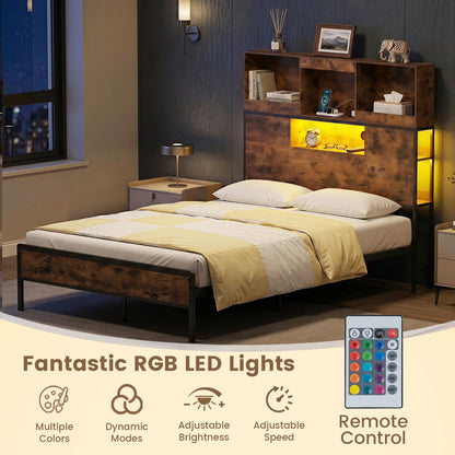 Industrial Metal Platform Bed with LED Lights and Power Outlet
