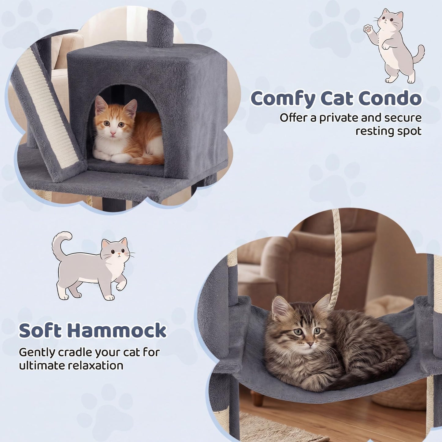 Cat Tree, 158cm Tall Multi-Layer Cats Tower with Plush Top Perch, Cave, Hammock, Sisal Scratching Posts