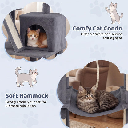 Cat Tree, 158cm Tall Multi-Layer Cats Tower with Plush Top Perch, Cave, Hammock, Sisal Scratching Posts