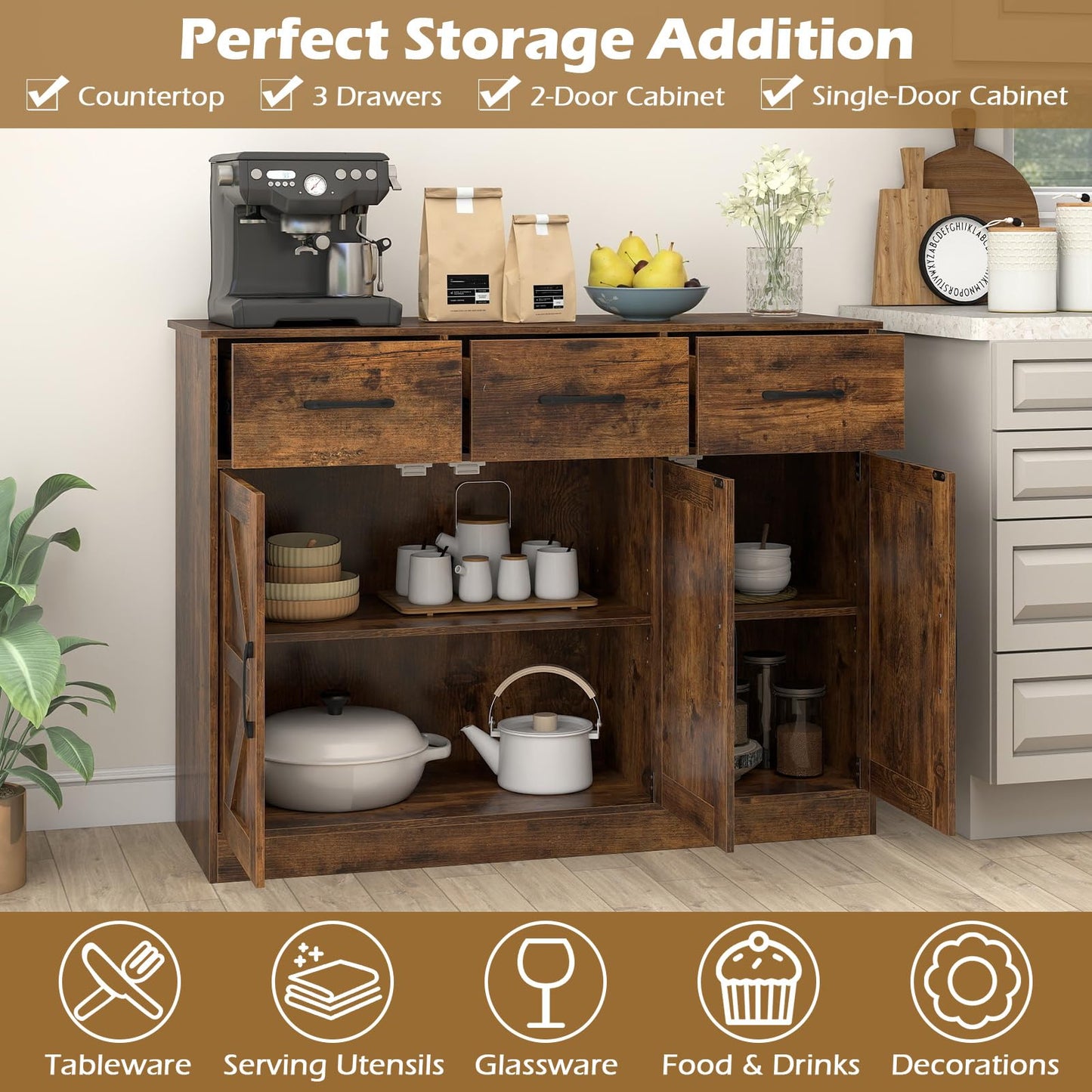 Sideboard Storage Cabinet, Large Kitchen Cupboard with Adjustable Shelf