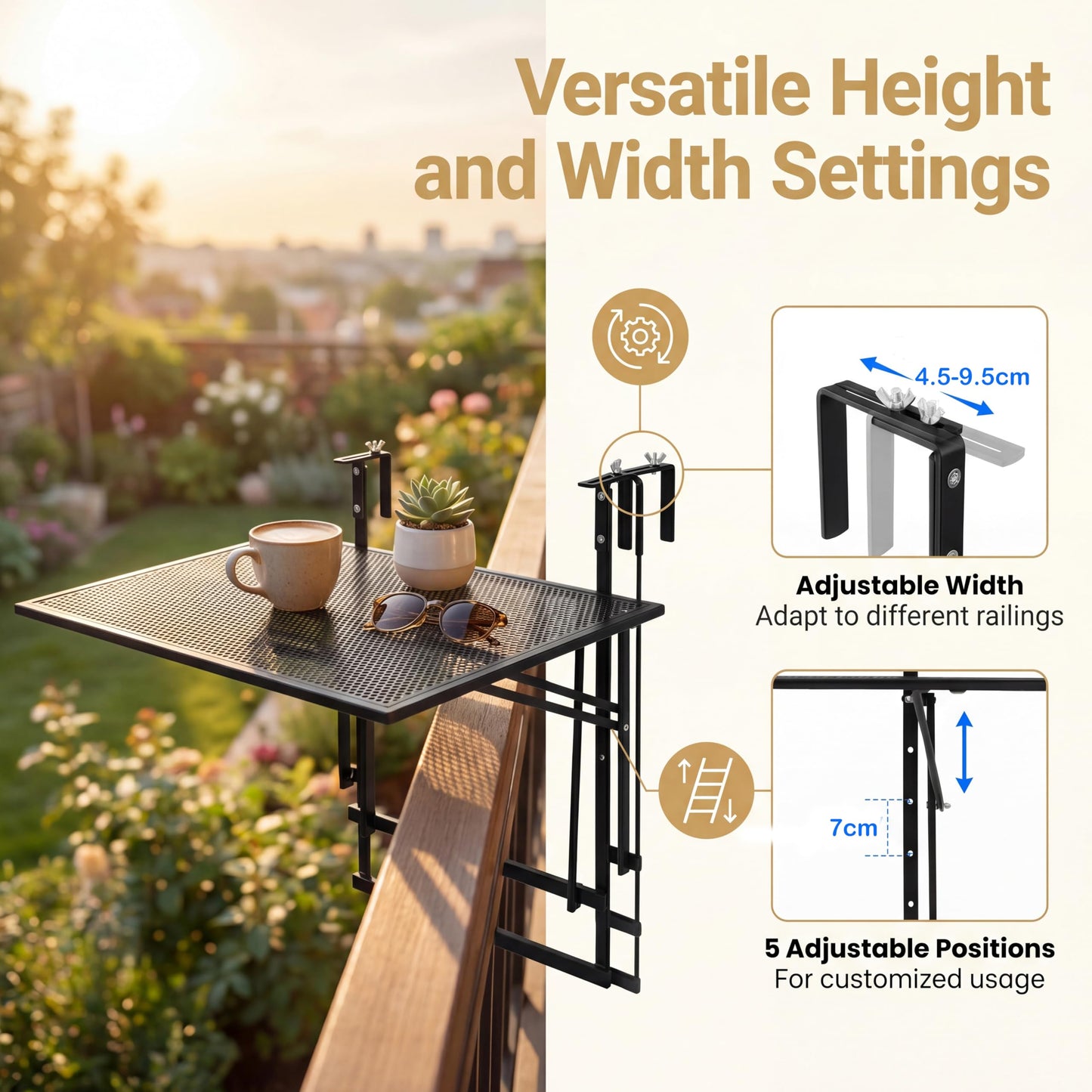 Folding Hanging Table, Balcony Desk with 5 Adjustable Heights