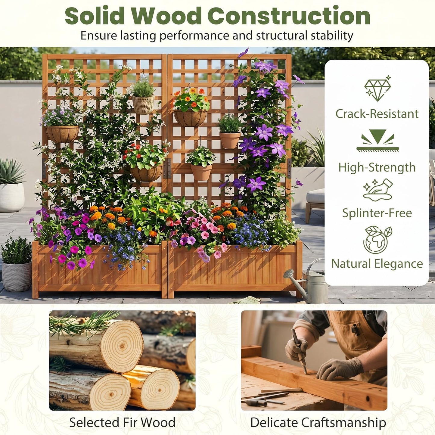 Raised Garden Bed with Trellis, Wooden Trough Planter