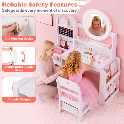 Kids Dressing Table with Lighted Mirror (White, With Storage