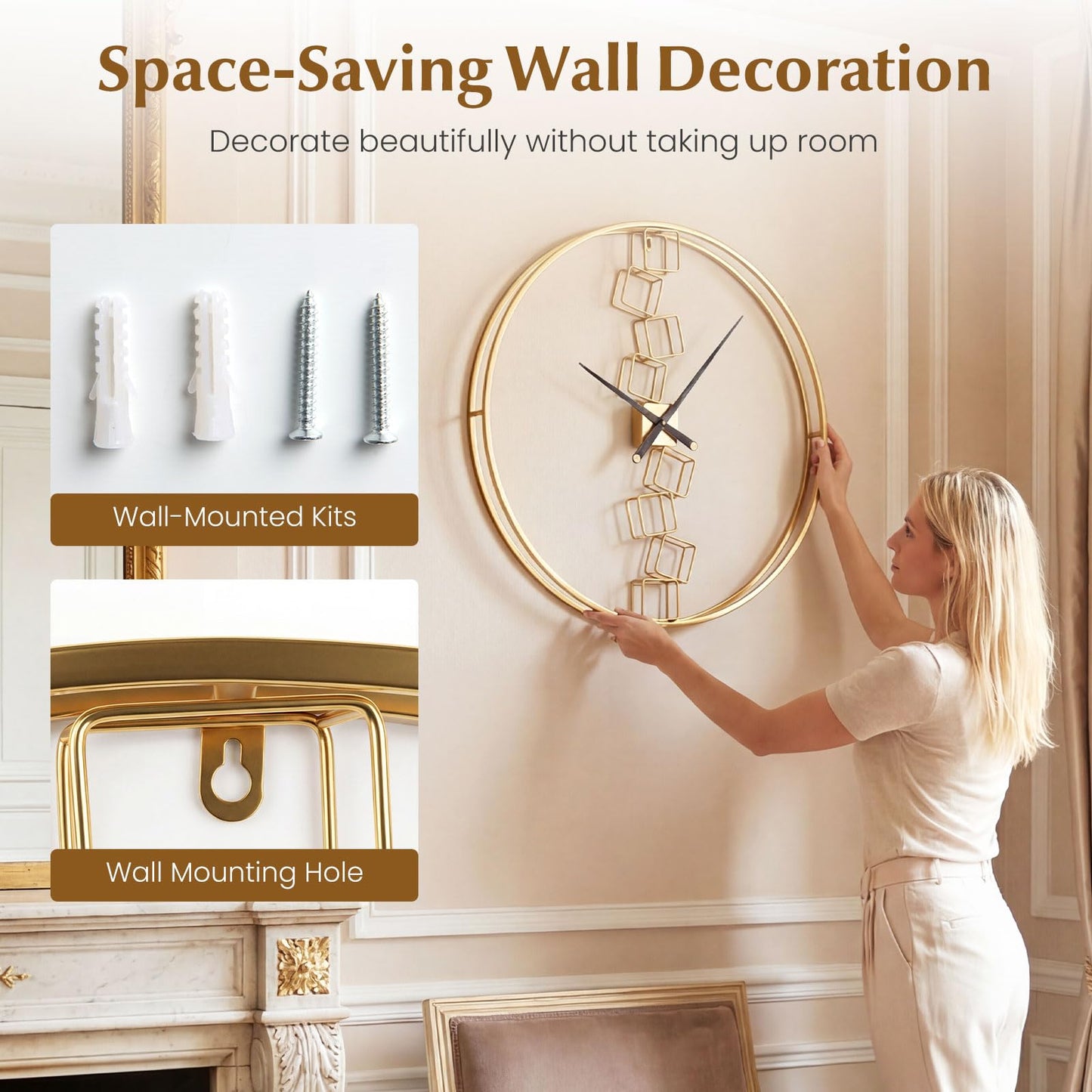 Large Wall Clock, 27”/68cm Metal Non-Ticking Decorative Clock, Battery-Operated Wall Decoration