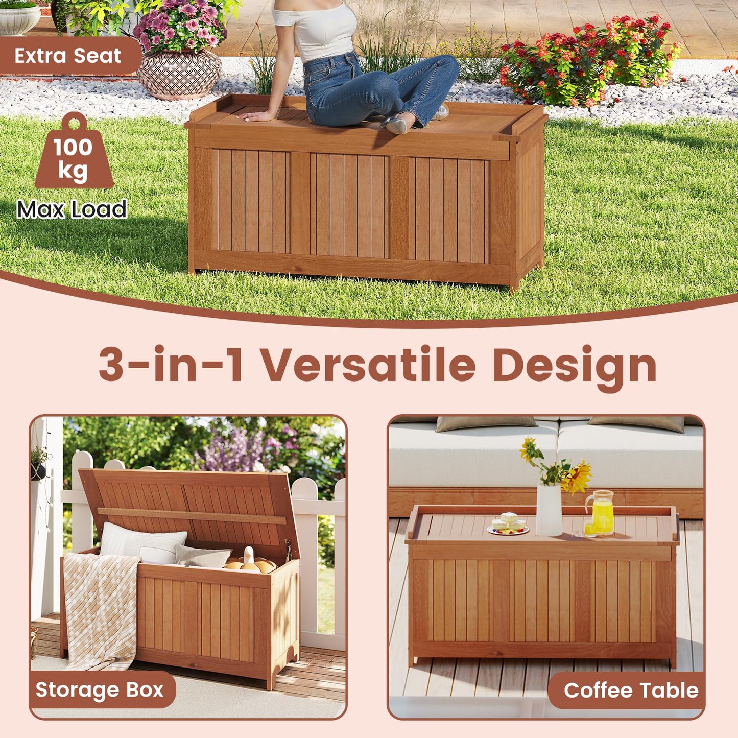 220L Wood Deck Box 3-in-1 Patio Storage Bench Stool with Flip Top for Cushions