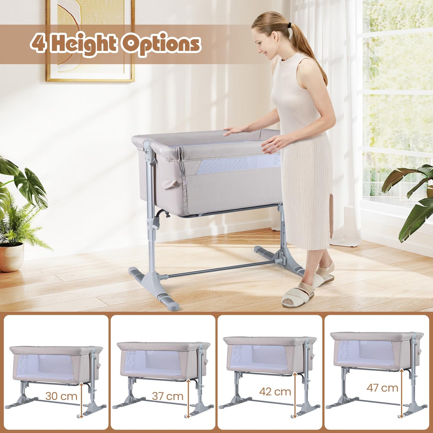 Baby Bedside Crib, 4-Level Height Adjustable Bassinet Crib (Beige) | Portable Newborn Bedside Sleeper