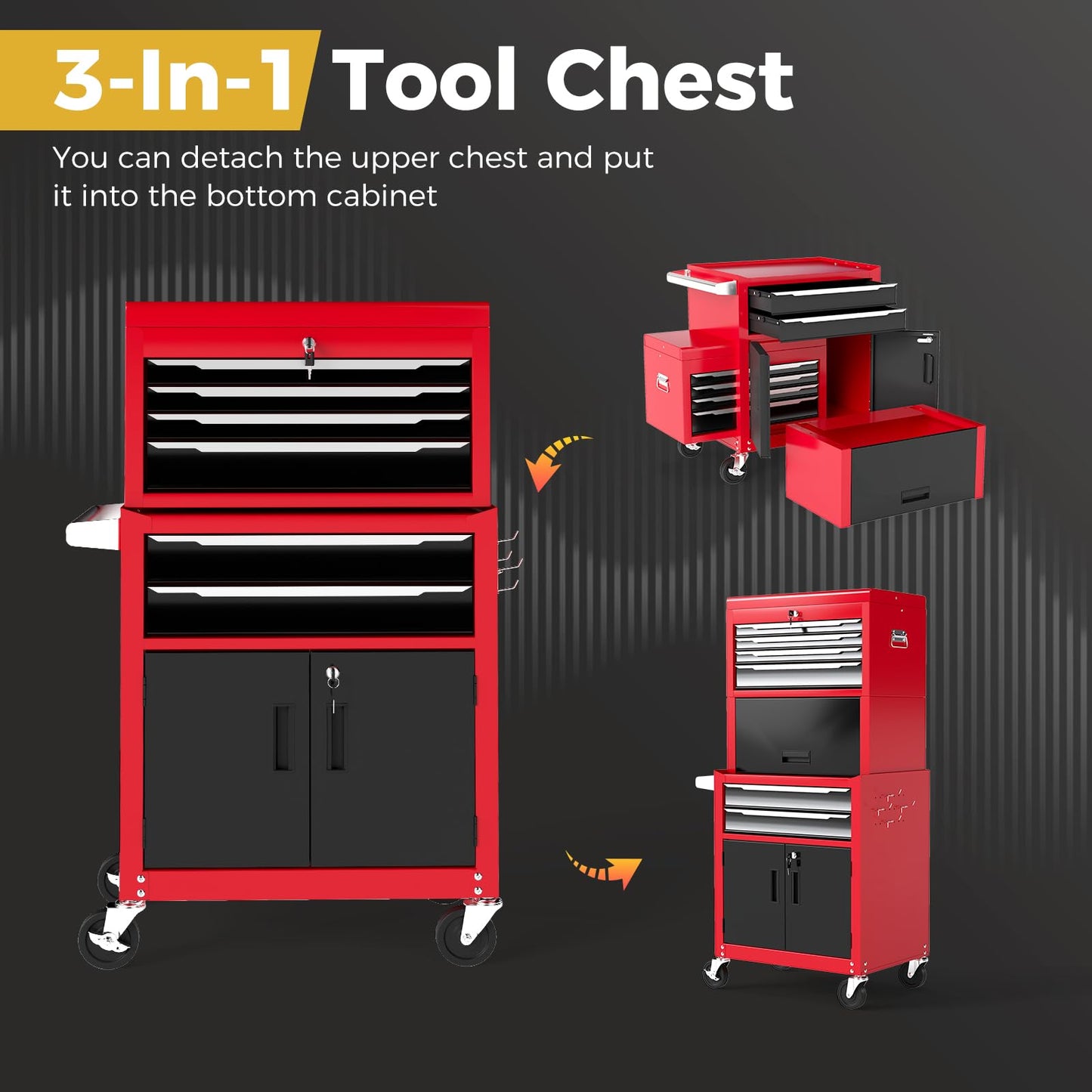 6 Drawer Rolling Tool Chest with Universal Wheels and Hooks