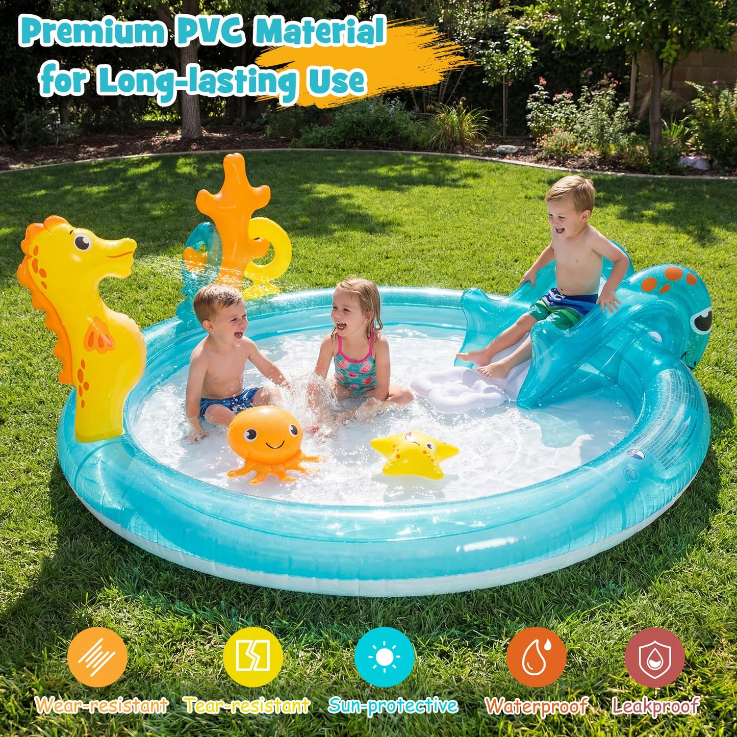 Inflatable Play Center, Marine Life Spray Paddling Pool with Slide & Sprinkle