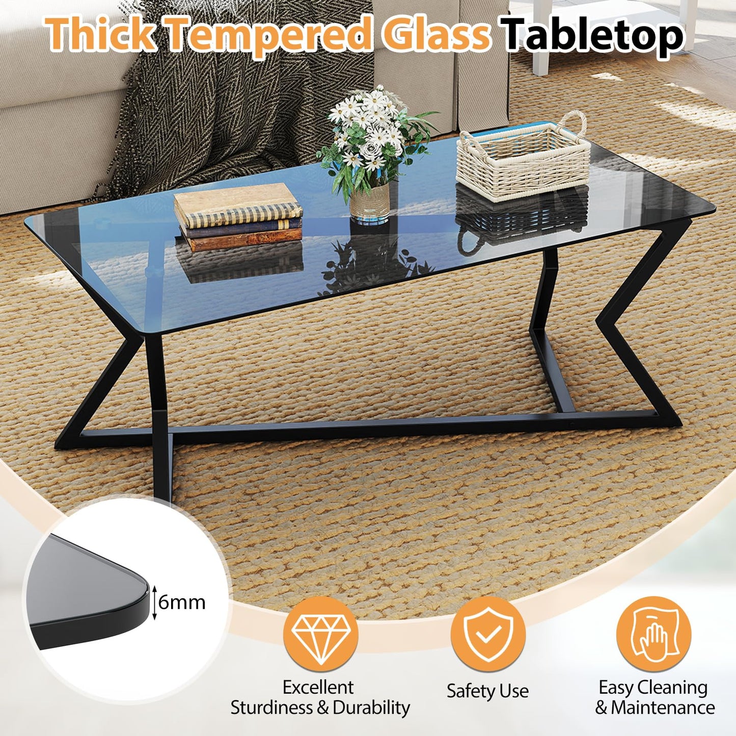 Rectangular Glass Coffee Table with Tempered Top and Metal Frame for Living Room