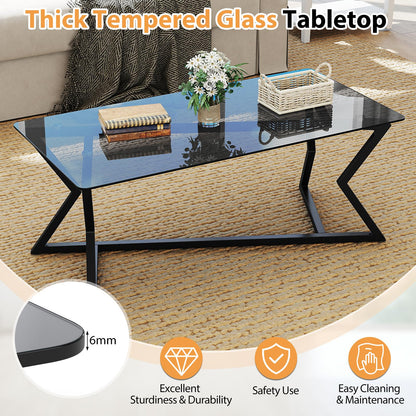 Rectangular Glass Coffee Table with Tempered Top and Metal Frame for Living Room
