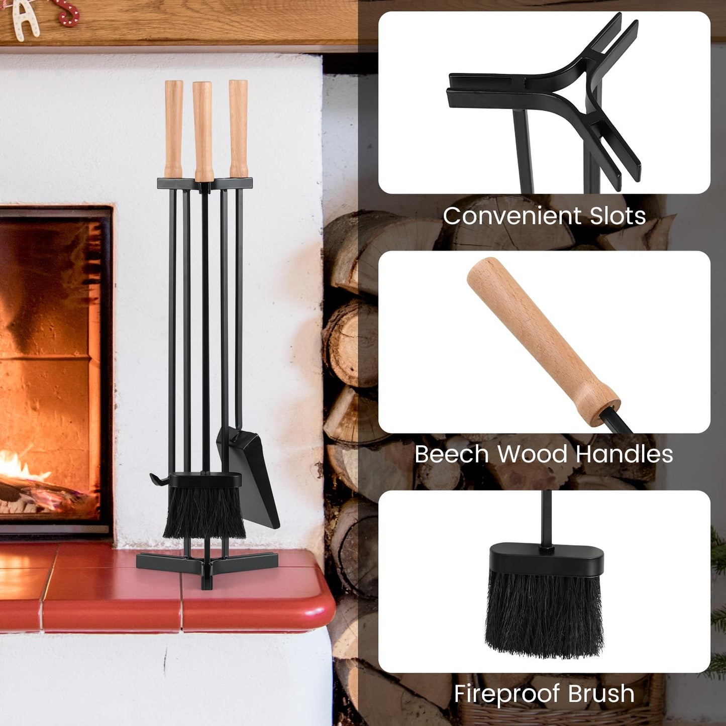 4-Piece Metal Fireplace Tools Set with Wood Handle and Base Stand Holder