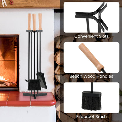 4-Piece Metal Fireplace Tools Set with Wood Handle and Base Stand Holder