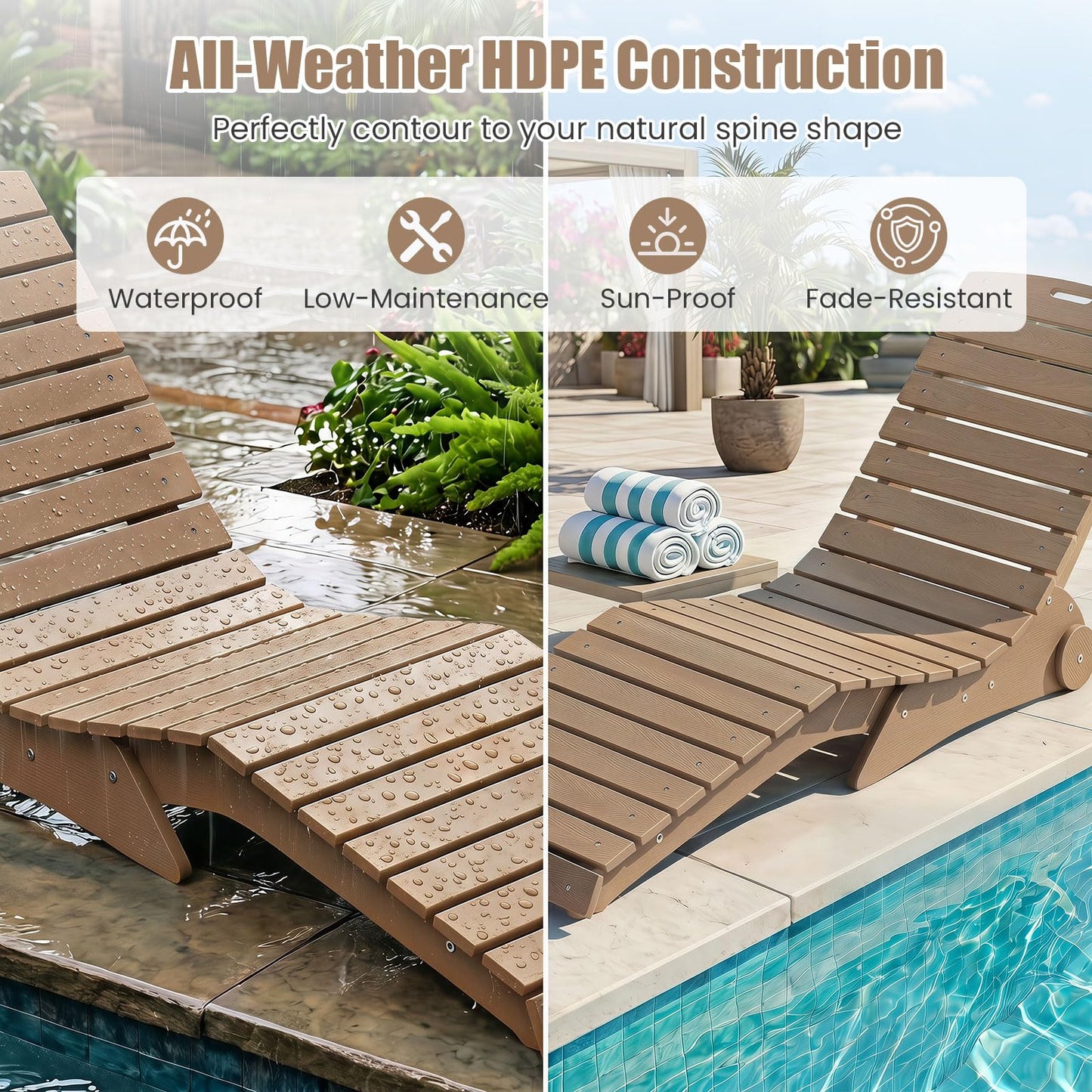 Ergonomic S Shape, up to 14.5-22cm of Water, Anti-Floating Outdoor Sunbed Tanning Seat