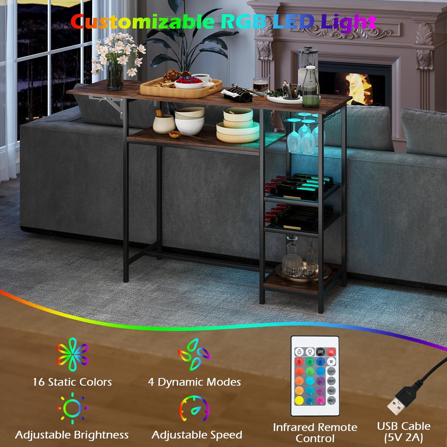 Rectangular Bar Table with RGB LED Lights, Foldable Top & Remote