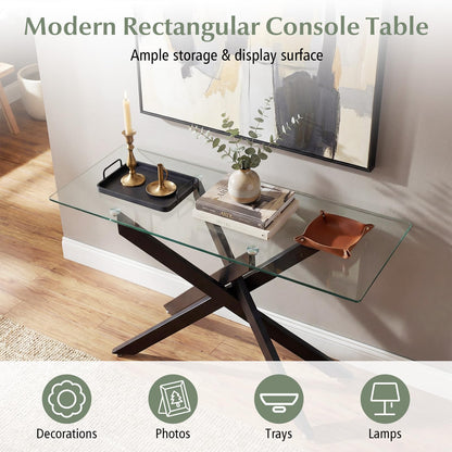 Modern Glass Console Table with Tempered Glass Top and Tubular Legs