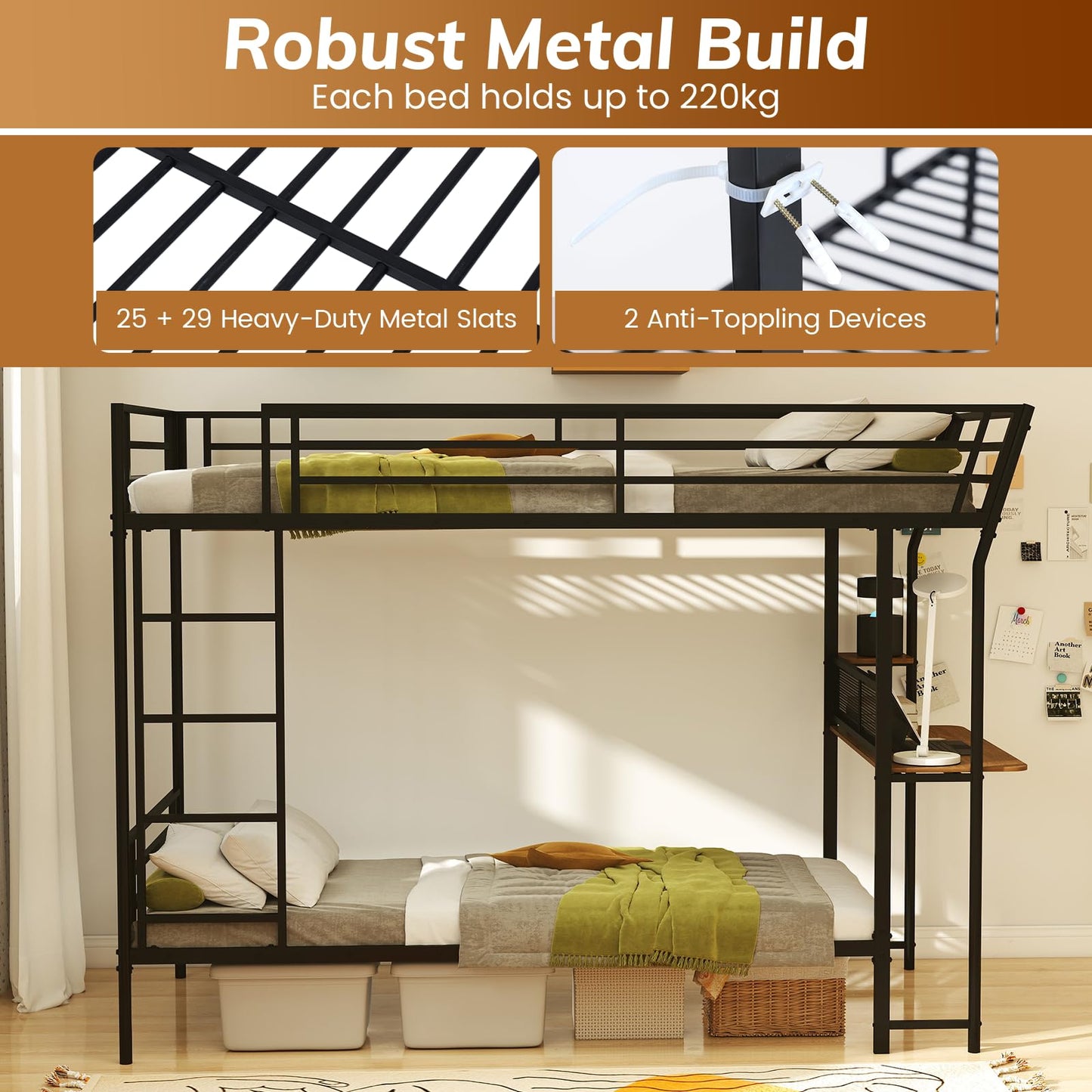 Bunk Bed with Desk Loft Bed with Wooden Tabletop and Shelf