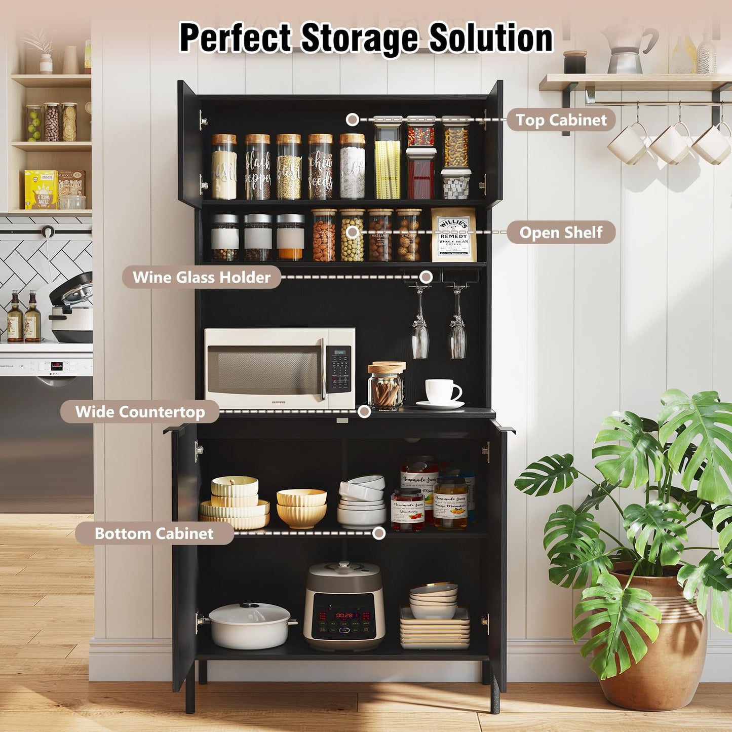 Kitchen Pantry Cabinet with Power Outlets and Wine Racks