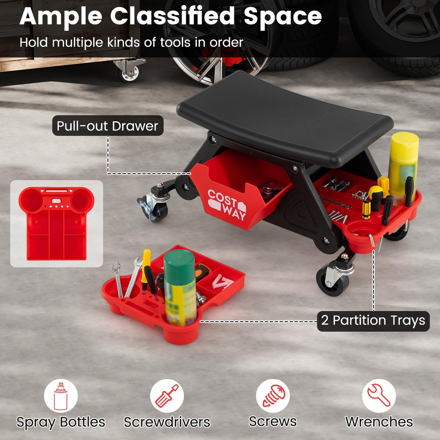 Heavy-Duty Garage Stool on Wheels with Slide Out Drawer and 2 Partition Trays