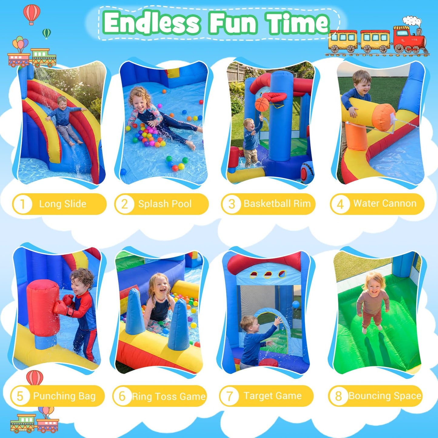 Inflatable Water Park, Kids Bouncy Castle with Splash Pool, Water Cannon
