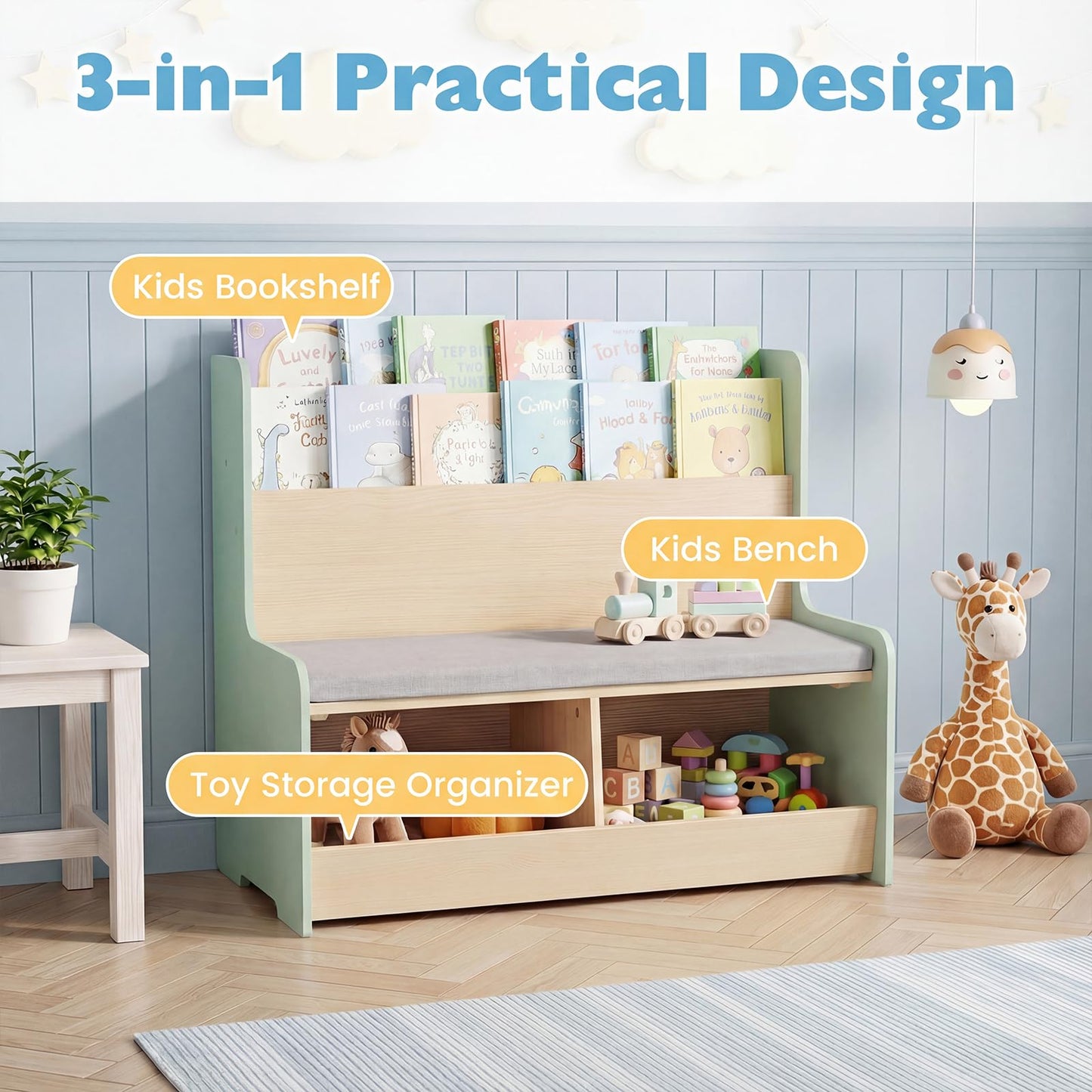 Kids Reading Nook with Bench Toddler Toy Storage Organizer with Bookshelf and 2 Cubbies