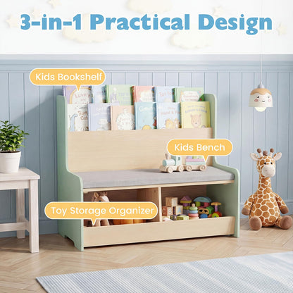 Kids Reading Nook with Bench Toddler Toy Storage Organizer with Bookshelf and 2 Cubbies