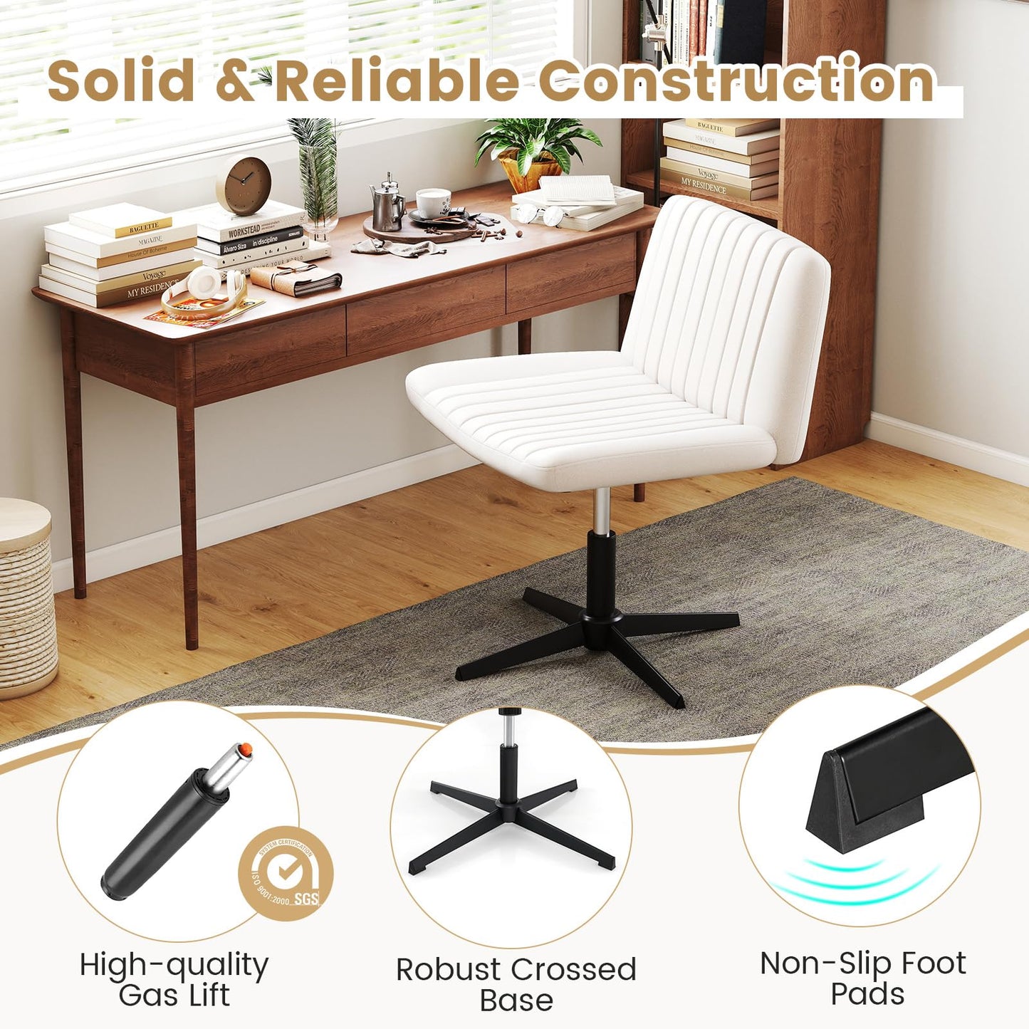 Armless Office Chair, Cross Legged Desk Chair with Wide Seat