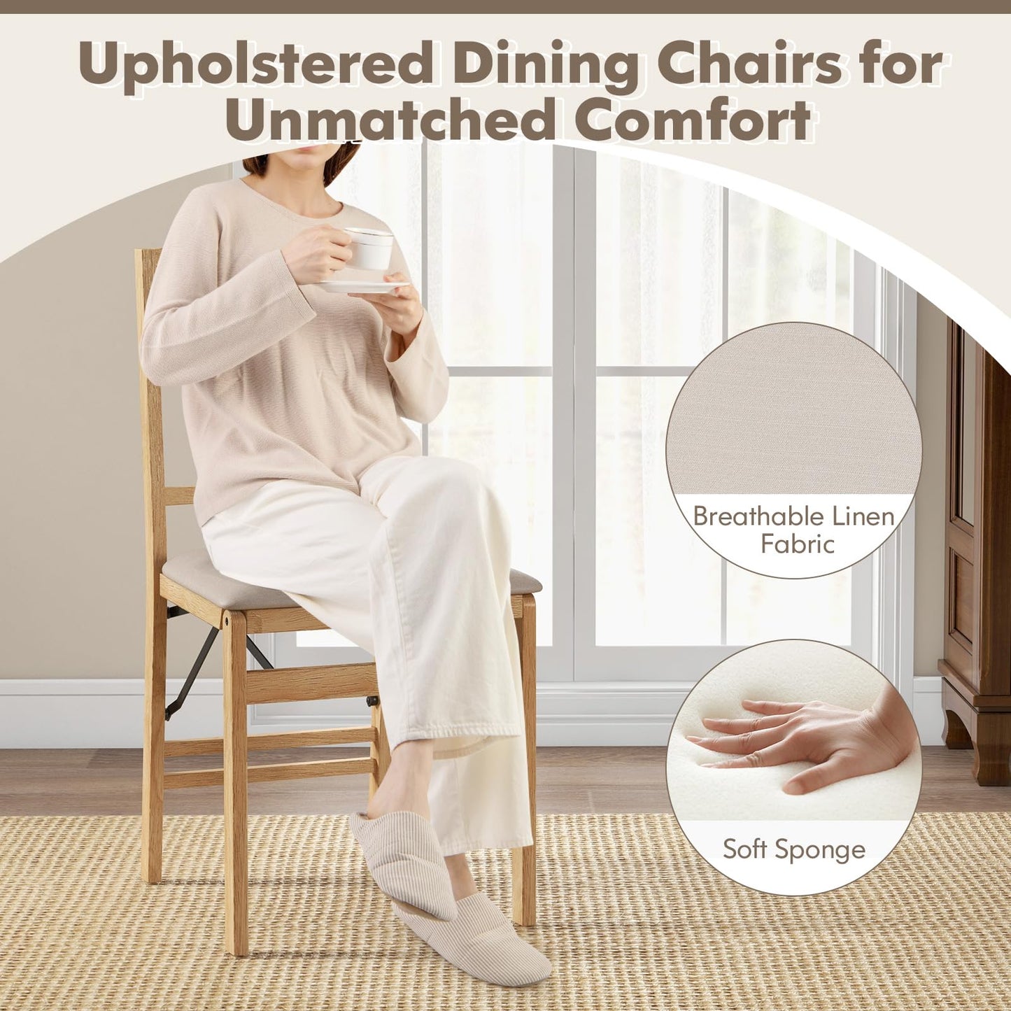 Folding Dining Chairs Set of 2 Upholstered Kitchen Chairs with Padded Seat
