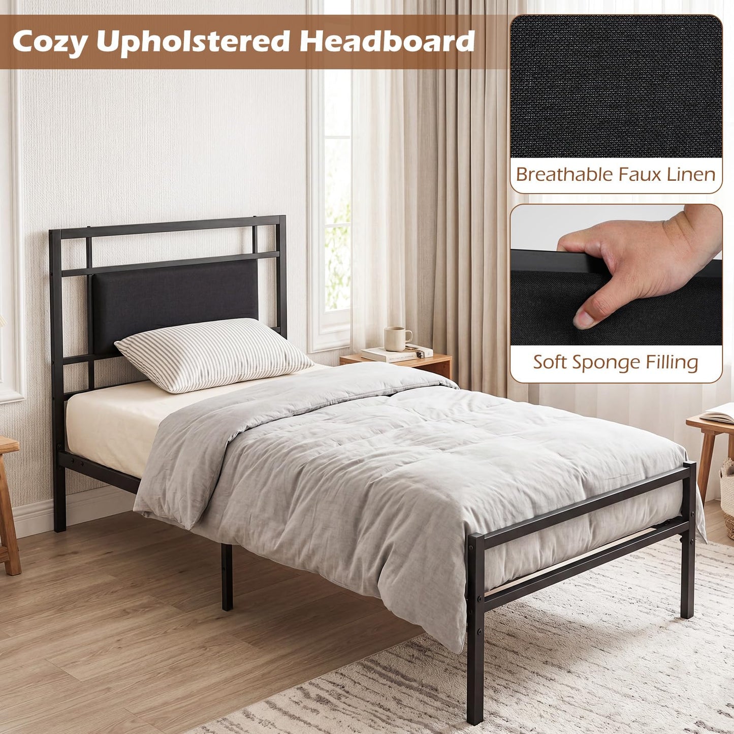 3ft Single Bed Frame, Metal Platform Bed Base with Upholstered Headboard and Underbed Storage