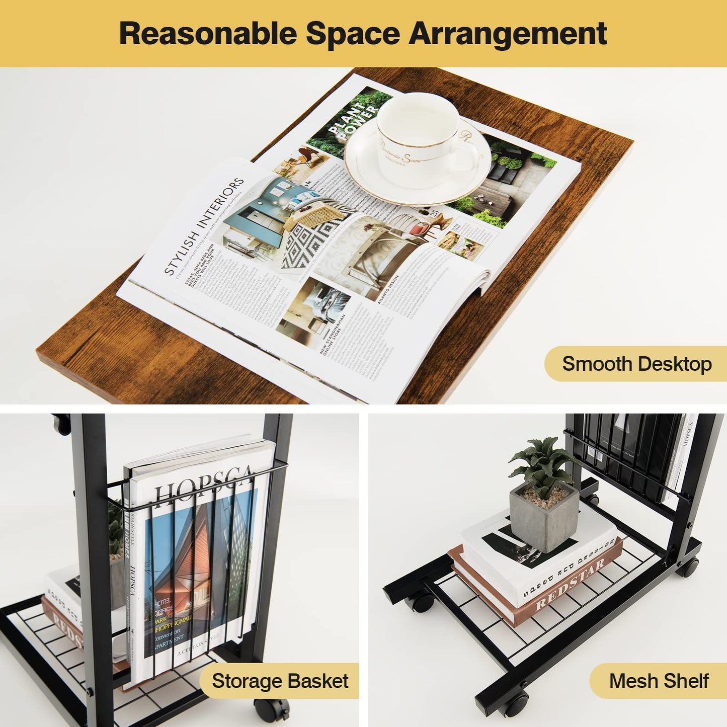 C-shape Adjustable End Table with Storage Basket