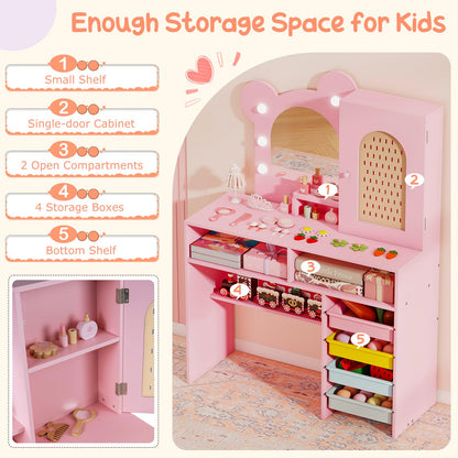 Kids Vanity with Lights Princess Vanity Table and Chair Set with 5 Drawers and 2 Compartments