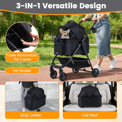 Pet Stroller, 3 in 1 Folding Dog Pram with Detachable Car Seat Carrier