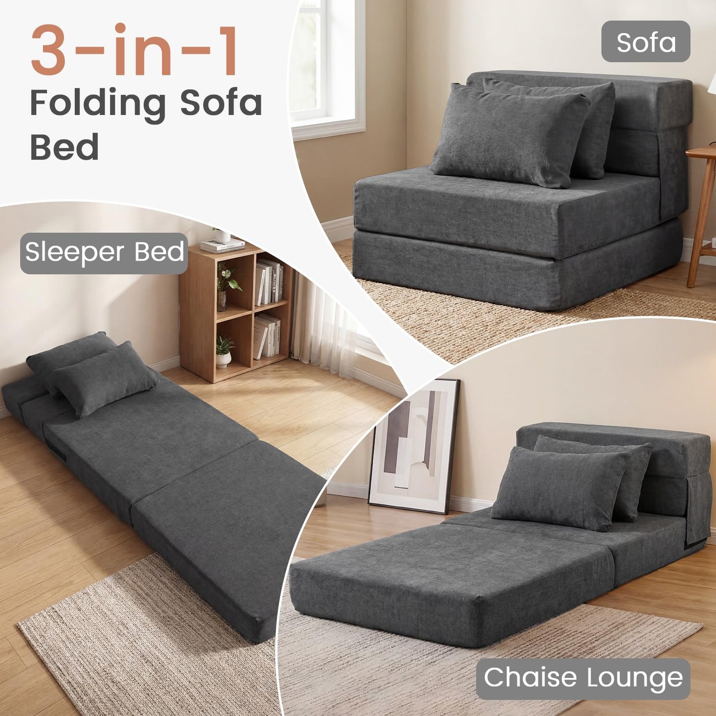 Folding Sofa Bed, 3-in-1 Convertible Sleeper Chair Futon Couch Bed with 2 Pillows